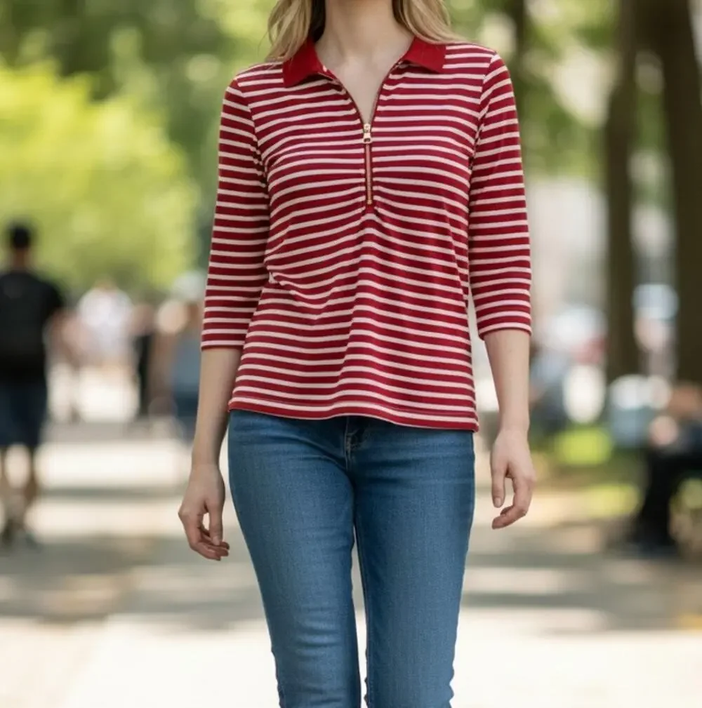 Michael Kors Red White Striped Top Women's Large 3/4 Sleeve Zip Front Blouse